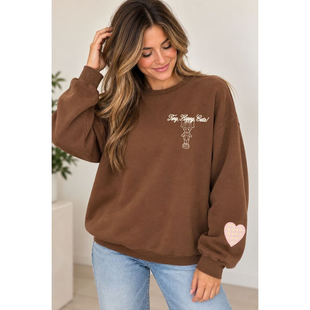 Polly Pocket Women’s  Brown Tiny Happy Cute Graphic Fleece Sweatshirt NWT